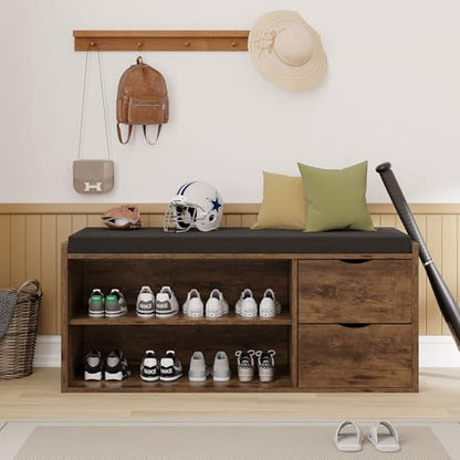 LVB Entryway Shoe Bench, Rustic Storage Bench with Cushioned Seating | Long Hidden Shoe Storage Bench with 2 Drawers, Industrial Wooden Shoe Benchs in Hallway Living Room Bedroom, Rustic Brown - color: Rustic Brown