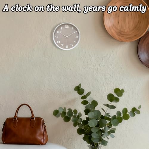8 Inch Modern Wall Clocks Battery Operated - Silent Non Ticking Quartz Analog Clock with Large Numbers Burlap Texture, Digital Wall Clock for Bedroom Living Room Kitchen Office Gym, White - color: White Brown, size: 8 Inch
