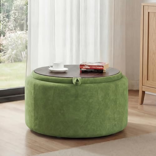 Tbfit Multi-Functional Round Storage Ottoman for Home - No-Assembly Footrest & Seat with Spacious Storage Plush Fabric Design for Living Room, Bedroom, Nursery, Green - color: Green-velvet