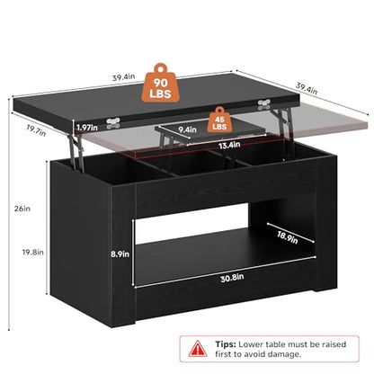 UNIQUITE 40" Lift Top Coffee Table, 4 in 1 Multi-Function Lift Coffee Tables with Storage and Hidden Compartment, Convertible Coffee Table to Dining Table for Living Room, Black - color: Black