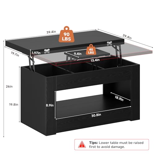 UNIQUITE 40" Lift Top Coffee Table, 4 in 1 Multi-Function Lift Coffee Tables with Storage and Hidden Compartment, Convertible Coffee Table to Dining Table for Living Room, Black - color: Black