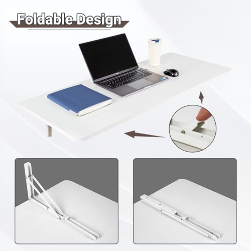 Neoaider Wall Mounted Folding Table 47.2”L x 19.7”W, White | Laundry Folding Table with Heavy Duty Metal Collapsible Shelf Brackets, Wall Mounted Desk Fold Down for Small Spaces - color: White, size: 47.2" x 19.7"