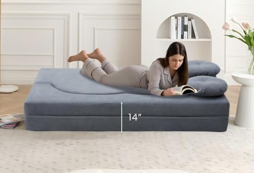 76" Convertible Folding Futon Sofa Bed, Queen Sleeper Sofa with Pillow, Teddy Floor & Futon Loveseat Couch, Foam Folding Mattress Sleeper for Living Room, Guest Use, Apartment, No Assembly (Grey) - color: Grey