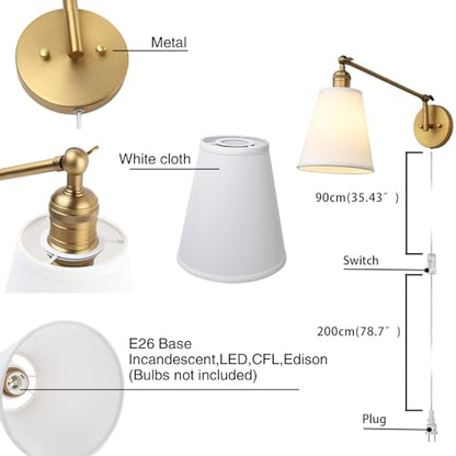Retro Swing Arm Wall Sconce Plug in Wall Lamp Single Sconce Light Fixture with White Fabric Shade for Bedroom Living Room Home Office - color: Antique Gold