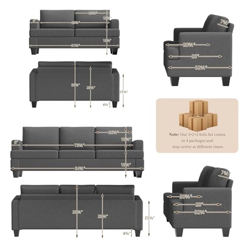 Furnimart Modern 3 Seater Couch and Loveseat Sets, Comfy Couches Set for Living Room, Deep Seat Sectional Sofa and Love Seat Set, Dark Grey 7-Seater - color: Dark Grey, size: 2 Loveseats + 3 Seater Sofa