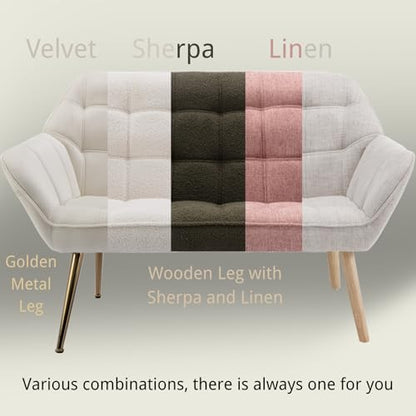 48”Small Loveseat Sofa, Modern Linen Upholstered Mini Couch 2-Seater Fluffy Love Seat with Quilting Backs and Wood Legs for Small Space Living Room, Bedroom, Pink - color: Pink, size: Loveseat