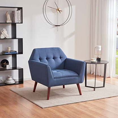 Accent Chairs for Bedroom, Midcentury Modern Living Room Accent Arm Chair, Linen Fabric Comfy Reading Chair, Tufted Sofa Chair, Blue - color: Blue, size: 1 pack
