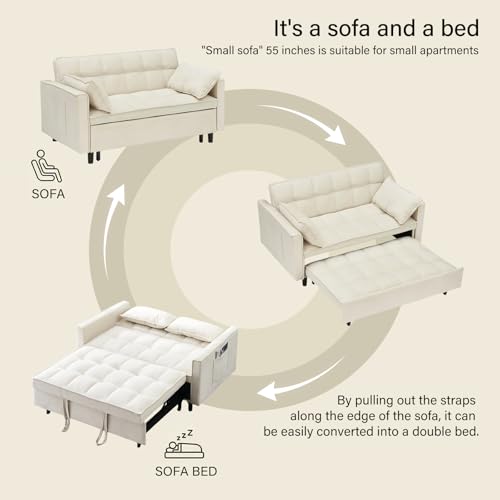 3 in 1 Convertible Sleeper Sofa Bed, Velvet Loveseat Futon Pull-Out Couch with Adjustable Reclining Backrest, Side Pockets and Pillows for Living Room, Bedroom, Apartment, Small Spaces (Beige-Velvet) - color: Beige-velvet