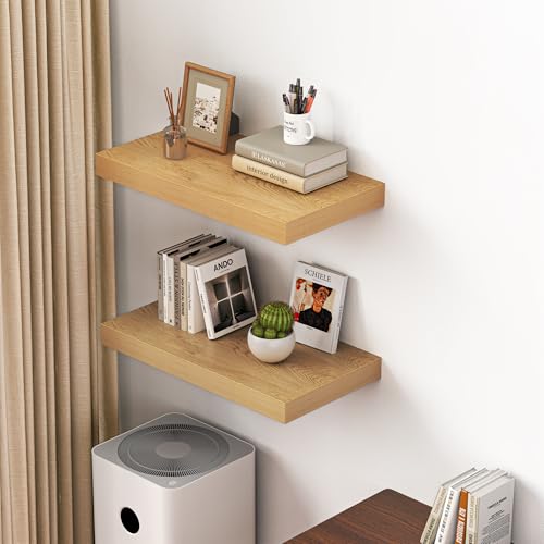 Dreamland 24" Floating Shelves for Wall, 12" Deep Thicker Oak Floating Shelves, Wall-Mounted Shelves for Bedroom, Living Room, Kitchen, Bathroom - Set of 2 - color: Oak, size: 24"W x 12"D x 2"H, Set of 2