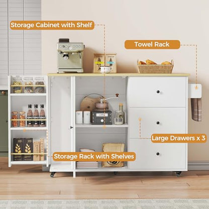 IRONCK Rolling Kitchen Island with Storage & Drop Leaf, 47.2" Kitchen Cart | with 3 Drawers, Spice Rack, Towel Rack, Storage Cabinet, Portable Mobile Island on Wheels, Black - color: White