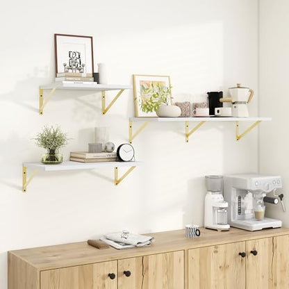 Dreamland Wall Mounted Floating Shelves Set of 2, 16x12, White&Gold | Engineered Wood, Visible Bracket, Large Storage, Hold Up to 40lbs, Living Room, Bathroom, Bedroom, Kitchen - color: White&gold, size: 16"W x 12"D