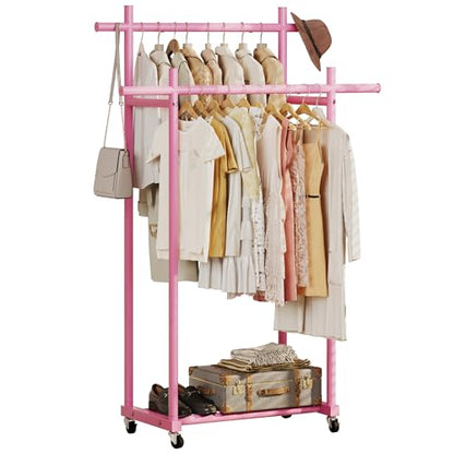 Lutown-Teen Metal Clothes Rack with Lockable Wheels, Double Rods, Pink | Clothing Rack Heavy Duty with Storage Rods, 150 LB Capacity Garment Rack, Easy Assembly - color: Pink, size: Double Rods