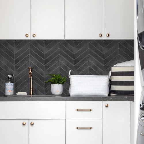 STICKGOO Herringbone Peel and Stick Backsplash, Black/Grey Grout, 10 Sheets | 12.6 x 9.7 in, Thicker Rectangular Vinyl Stick-On Wall Tiles, Easy Alignment, Waterproof, Easy to Clean, Kitchen/Bathroom - color: Shiny Black With Dark Grey Grout, size: Pack o
