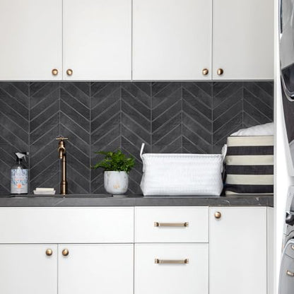 STICKGOO Herringbone Peel and Stick Backsplash, Black/Grey Grout, 10 Sheets | 12.6 x 9.7 in, Thicker Rectangular Vinyl Stick-On Wall Tiles, Easy Alignment, Waterproof, Easy to Clean, Kitchen/Bathroom - color: Shiny Black With Dark Grey Grout, size: Pack o