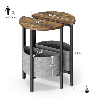 Small Round Side Table, Accent End Table with Storage Basket, Set of 2 Half Round Coffee Table End Table, Half Moon Bedside Table, Modern Nightstand Couch Table for Living Room Bedroom, Brown - color: Rustic Brown