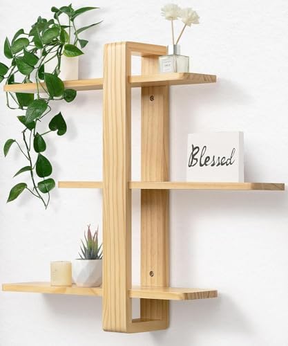 SUMGAR Floating Shelves for Wall Wood, 3 Tier Adjustable Large Shelf Unit | 20 Inch All Pine Wood, Decorative Shleving, Plants Photos Display, for Living Room, Bedroom, Office, Bathroom - color: Wooden