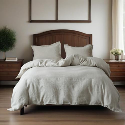 Simple&Opulence 100% Washed Linen Duvet Cover Set 78"x86" - 3 Pieces Soft Farmhouse Comforter Set Double Embroidered with Button Closure - 1 Duvet Cover and 2 Pillowshams (Linen, Full) - color: 2 Embroidery Linen, size: Full