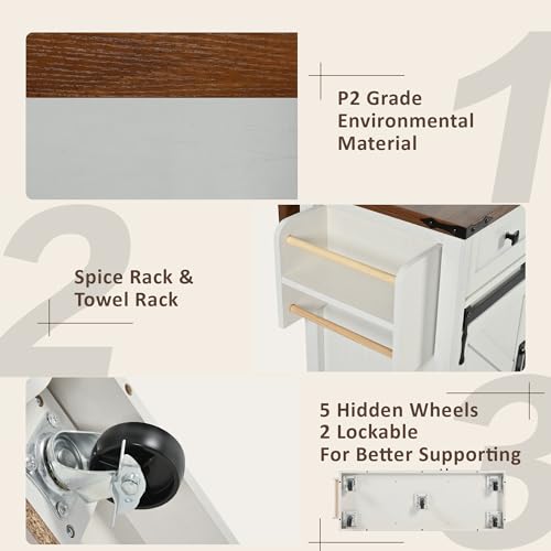 53.7" Kitchen Island with Drop Leaf & Power Outlet, Rolling Kitchen Island Cart On Wheels with 2 Sliding Barn Door, Kitchen Island Table with Storage, for Kitchen, Dining Room (White) - color: White