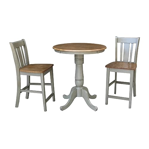 IC INTERNATIONAL CONCEPTS 30" Round Pedestal Gathering Height Table with 2 San Remo Counter Height Stools, Distressed Hickory/Stone - color: Distressed Hickory/Stone