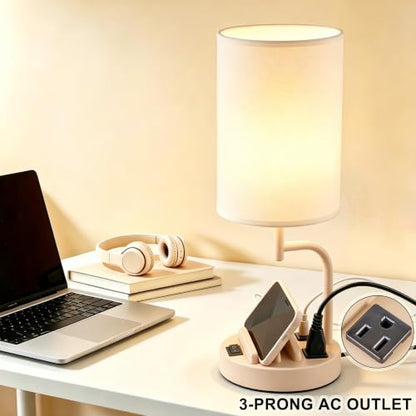 Dreamholder 2 Pack Table Lamp, Bedside Lamp with 3 USB Charging Ports & AC Outlet, USB Desk Lamp with 2 Phone Holders, Linen Fabric Shade Nightstand Lamps for Bedroom Living Room Office, Beige - color: Beige