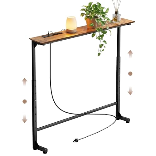 Adjustable Height Narrow Sofa Table with Built-in Power Outlets, 39" Long Console Table Behind Couch Table with Charging Station Skinny Entryway Table for Living Room & Hallway (Rustic Brown) - color: Rustic Brown, size: 39IN