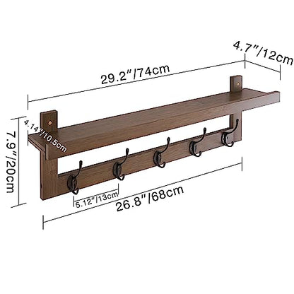 SMIBUY Coat Hooks with Shelf Wall-Mounted, 29.2 Inch Entryway Coat Rack for Wall, Bamboo Hanging Shelf with 5 Double Metal Hooks for Bathroom, Bedroom, Kitchen, Living Room, Mudroom (Walnut) - color: Walnut+Black