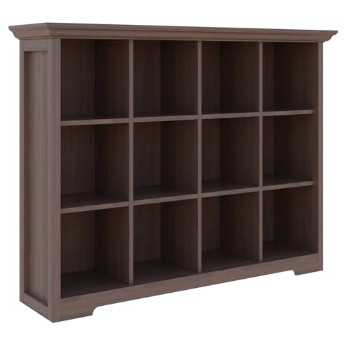 12-Cube Open Bookcase with Base, 3-Tier Wooden Bookshelf, Walnut | Curved Base, Crown Molding, Fits 11×11" Bins, Modern Storage Cabinet for Living Room, Bedroom, Home Office - color: Walnut, size: 12-Cube