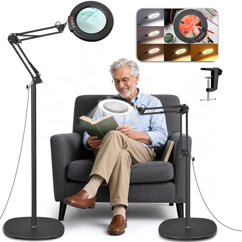 LANCOSC 15X Magnifying Glass with Light and Stand, Real Glass Lens, 5 Color Modes Dimmable, 3-in-1 Adjustable Swing Floor Lamp, LED Lighted Hands Free Magnifier & Clamp for Reading, Crafts, Painting - color: Black