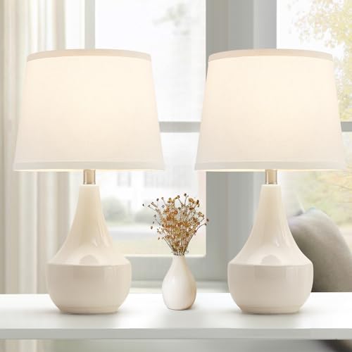 18" Table Lamp Set of 2, Ceramic Table Lamp Classic Beside Lamps Nightstand Lamp Modern Lamp for Living Room, Bedroom & Office Rocker Swtich Cream-LED Bulbs Included - color: 18.63" Ceram