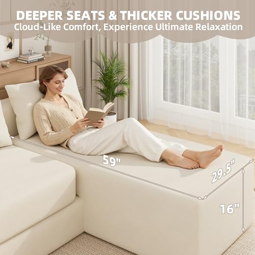 Boneless Sectional Couch, 4 in 1 Convertible Cloud Couch with Reversible Chaise & Deep Seat, Modular Sectional Sofa for Apartment, No Assembly Chenille Foam Couch in a Box, Beige - color: Beige, size: 89" Convertible Chaise Chenille