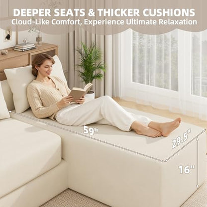 Boneless Sectional Couch, 4 in 1 Convertible Cloud Couch with Reversible Chaise & Deep Seat, Modular Sectional Sofa for Apartment, No Assembly Chenille Foam Couch in a Box, Beige - color: Beige, size: 89" Convertible Chaise Chenille