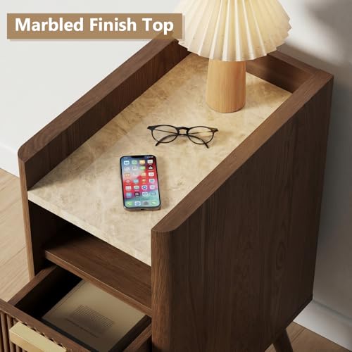 Narrow Nightstand with 2 Drawers, Wooden Bedside Table with Open Storage Space, Easy Install Slim Night Stand for Apartments, Narrow Bedroom Corners, Living Room End Table