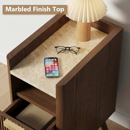 Narrow Nightstand with 2 Drawers, Wooden Bedside Table with Open Storage Space, Easy Install Slim Night Stand for Apartments, Narrow Bedroom Corners, Living Room End Table
