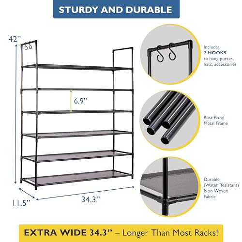 Sundaze Shoe Rack - 6 Tier Shoe Rack for Front Door Entrance, Sturdy Tall Shoe Organizer for Closet, Bedroom, Entryway, Garage, Non Woven Fabric Shelf, Black, Holds Up to 30 Pairs - size: 6 Tier (34.3" W)