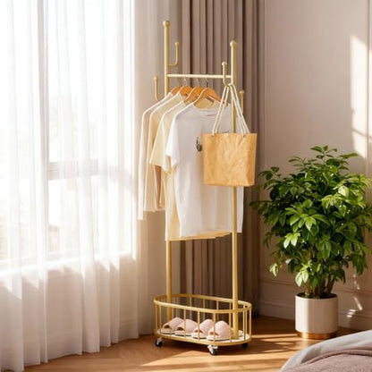 Free Standing Rolling Clothes Rack with Wheels Coat Rack - Golden | Small Narrow Cloth Hanger Metal Garment Racks for Bedroom Livingroom Lab Dress Shirts Rack with Storage Shelves - color: Gold