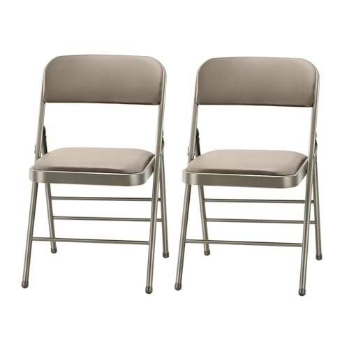 Pack of 2 (Fabric/Vinyl) Steel Frame Metal Foam Padded Folding Chairs (Black, Gray, White) - color: 2-pack - Vinyl Beige