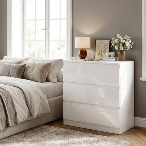 White 3 Drawer Dresser for Bedroom Clothes Storage | Small Space, High Gloss, Handle-Free, Modern, Wide Wooden Chest, for Living Room, Entryway, TV Stand, Night Stand - size: 15.6"D x 22.9"W x 26.2"H (3 Drawers)