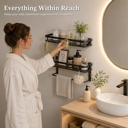 Glass Shelf for Bathroom 15.7 in Black Bathroom Shelves Wall Mounted Tempered Glass Shelving with 4 Removable Hooks (2 Tier) - color: Black