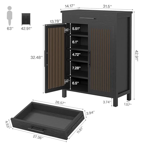 Tribesigns 5-Tier Shoe Storage Cabinet with Adjustable Shelves, Black | Louvered Doors and Drawer, Freestanding Wooden Shoe Rack, For Entryway, Hallway, Closet - color: Black