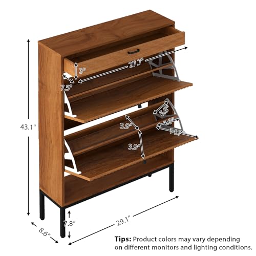 Shoe Cabinet, Shoe Storage Organizer Cabinet with 2 Flip Wavy Line Drawers, Freestanding Shoe Rack with Adjustable Shelf for Entryway, (Walnut) - color: Wavy Line-walnut