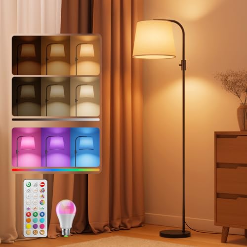 LED Arc Floor Lamp, RGB Color Changing, 65", 350° Swivel Shade | Magnetic remote, 1600K amber & 4000K daylight, 0.1%-100% dimmable, 1200 lm, woven linen shade for living rooms & reading - color: Black, size: 65"(Remote Control)