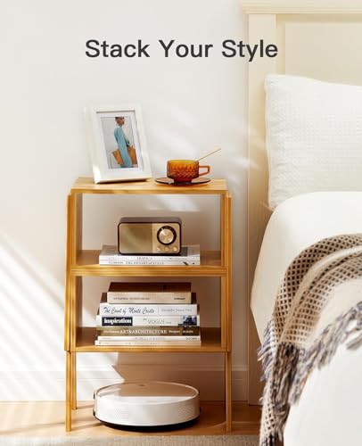 Pipishell Nightstands Set of 2, Bamboo Stackable Bedside Table, Night Stands with Storage Shelf, Small Bed Side Tables, 2-Tier End Table for Bedroom, Dorm and Small Space Storage (Natural)