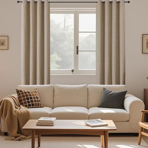 CUCRAF 100% Blackout Window Curtains 84 inches Long 2 Panels Set, Faux Linen Look Thermal Insulated Grommet Drapes, Room Darkening Curtain for Bedroom Living Room(W52 x L84 Inch, Light Khaki) - color: Light Khaki, size: 52"W x 84"L (Pack of 2)