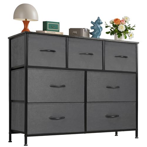 OLIXIS 7 Drawers Fabric Dresser for Bedroom, Storage Tower Organizer | Living Room & Entryway, Sturdy Steel Frame, Wooden Top & Easy-Pull Bins, Closet Chest for Clothes, Classic Grey - color: Grey, size: 11.8"D x 39.4"W x 30"H (7 Drawers)
