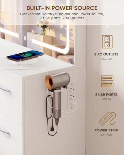 LIVELYGLOW 35.4" White Vanity Desk Set with Full-Width LED Mirror & Stool | 3 Lighting Modes, Charging Station, Cushioned Stool, 4 Drawers