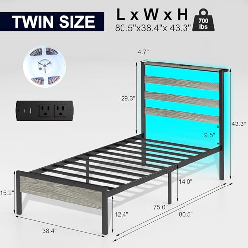 J.Fkne Twin Bed Frame with LED Lights & Charging Station, Metal Platform Bed with Headboard, Heavy Duty Metal Slats, No Box Spring Needed, Noise Free, Easy Assembly - size: Twin, style: Country