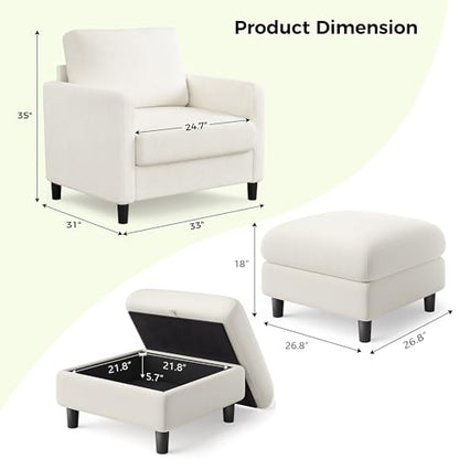 Welzona Sofa Accent Chair with Ottoman, 33" Teddy Reading Chair and Ottoman | Comfy Teddy Fabric, Tool-free Setup, Washable Covers, All-wood Chair and Ottoman Sets for Living Room, Bedroom, Beige - color: Beige, size: standard & ottoman