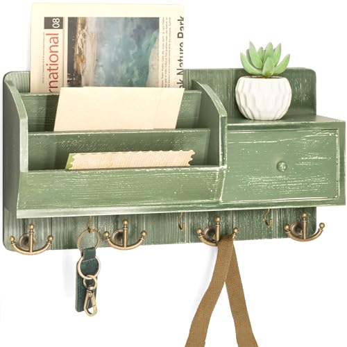 Rebee Vision Key Holder Wall Mount with Mail Sorter for Room Decor, Green | Pine Wood Key Holder for Wall with Drawer Storage, 7 Hanging Hooks, Rustic Apartment Essentials for Home Improvement - color: Green
