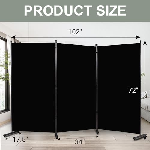 Room Divider 3 Panel Folding Privacy Screen, Round Pad Design Wall Divider | 71''Hx102''W, UV Protection Fabric, Wobble-free Metal Frame, Large 3 Panel Partition Room Dividers, Indoor Window Blackout - color: Black
