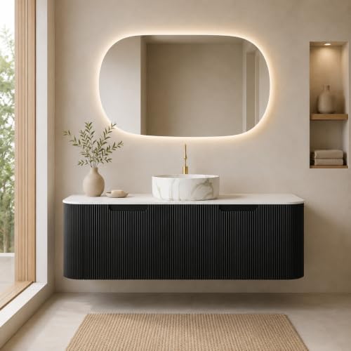 48" Floating Bathroom Vanity with Sink, Wall Mounted Plywood Cabinet, Black Fluted Front, Sintered Stone Countertop, White Marble-Look Ceramic Vessel Sink, Soft-Close Drawer, Pre-Assembled - color: Black Cabinet / White Marble Sink, size: 48 Inch
